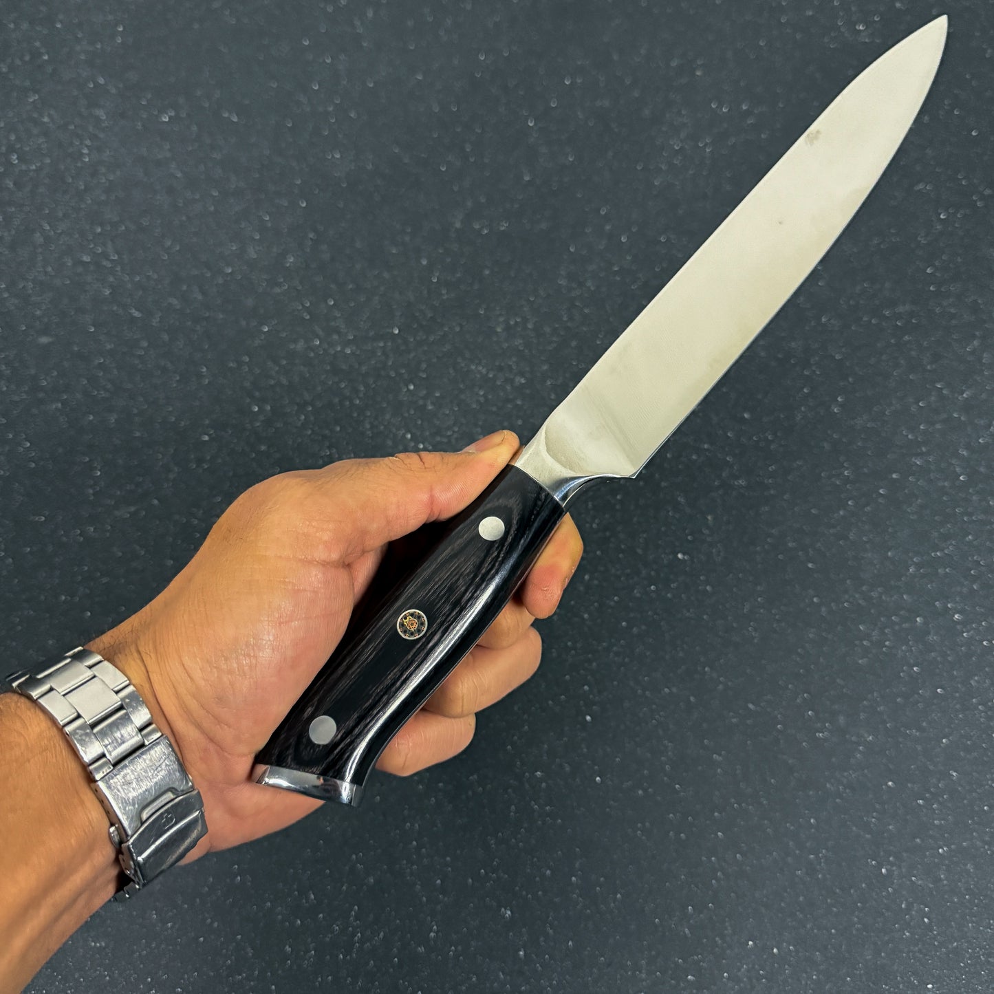 Cuchillo Slicing Rauka Copahue con hoja de acero alemán y mango de madera Pakka, ideal para cortes finos de carne