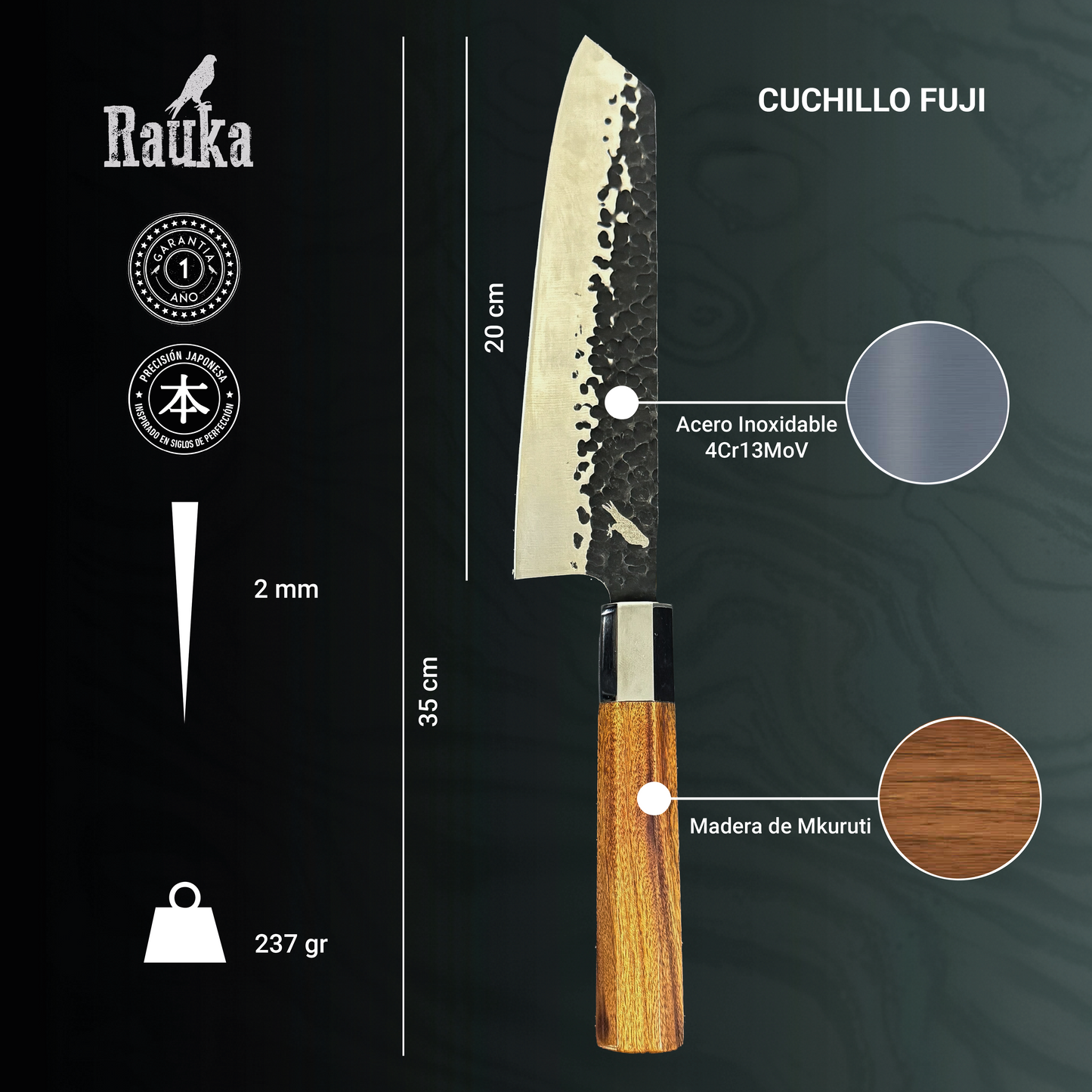 Vista de detalle del Cuchillo Kiritsuke de Cocina de Acero Inoxidable 35cm "Fuji"