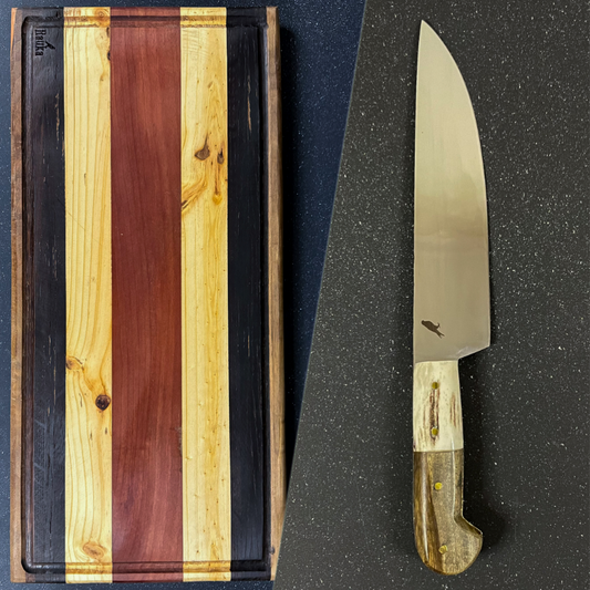 Pack Cuchillo 33cm "Martín Pescador" + Tabla Parrillera de Roble