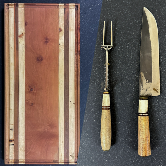 Pack Parrillero Cuchillo 32cm "Culpeo" + Pincho + Tabla Parrillera de Roble