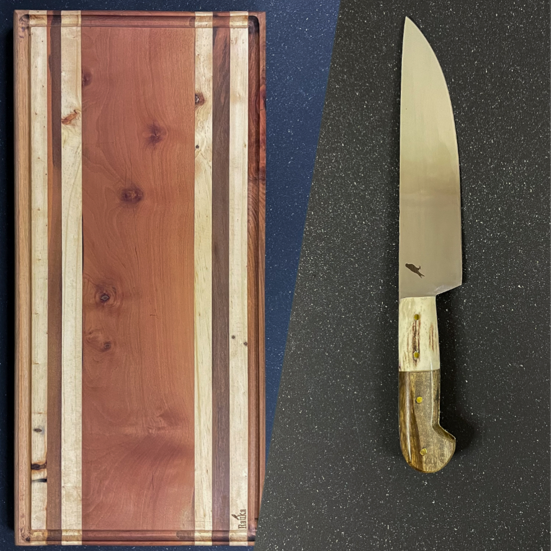 Pack Cuchillo de 33cm "Martín Pescador" + Tabla Parrillera de Roble