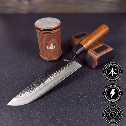 Pack Cuchillo Sakimaru de Acero Damasco 3 capas 36cm "Mika" y Afilador de Barril