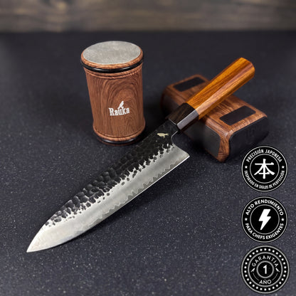 Pack Cuchillo Japones de Acero Damasco 3 capas 35,5cm "Toshiro" y Afilador de Barril
