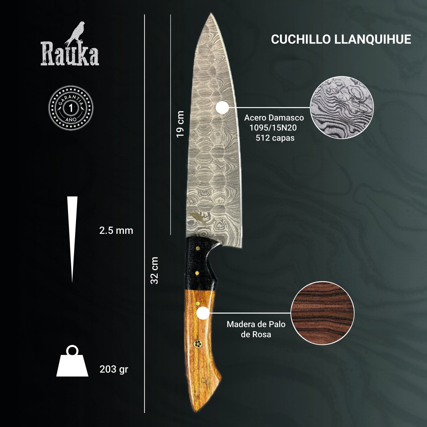 Cuchillo Parrillero Damasco 32cm "Llanquihue"