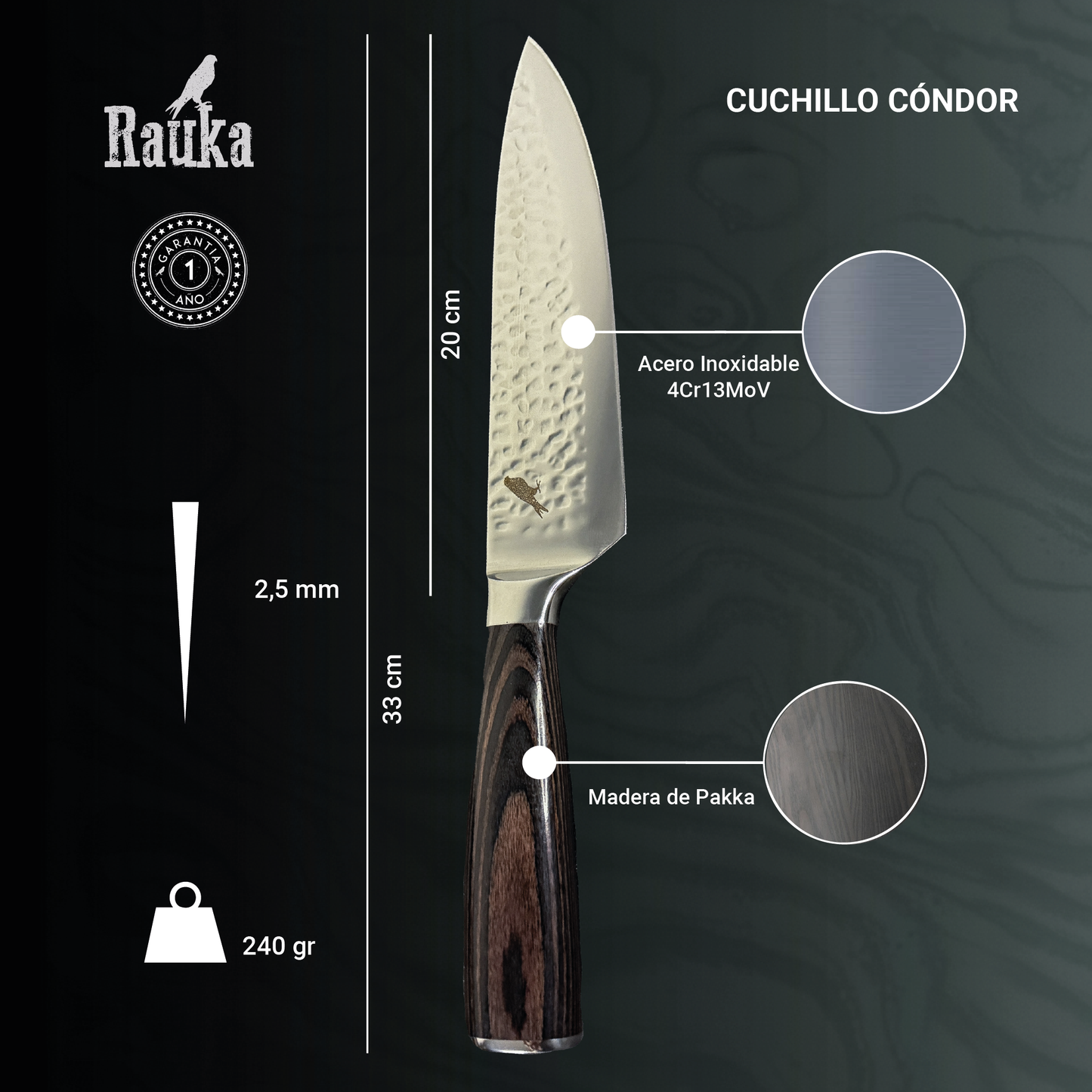 Ficha técnica Cuchillo Parrillero de Acero Inoxidable 33cm "Condor"