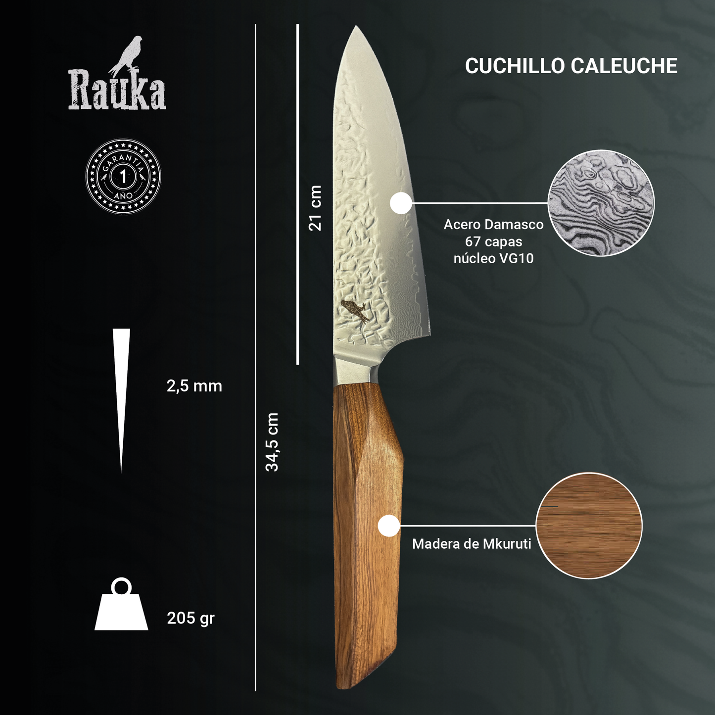 Ficha técnica Cuchillo de Cocina Chef de Acero Damasco 34,5cm "Caleuche"