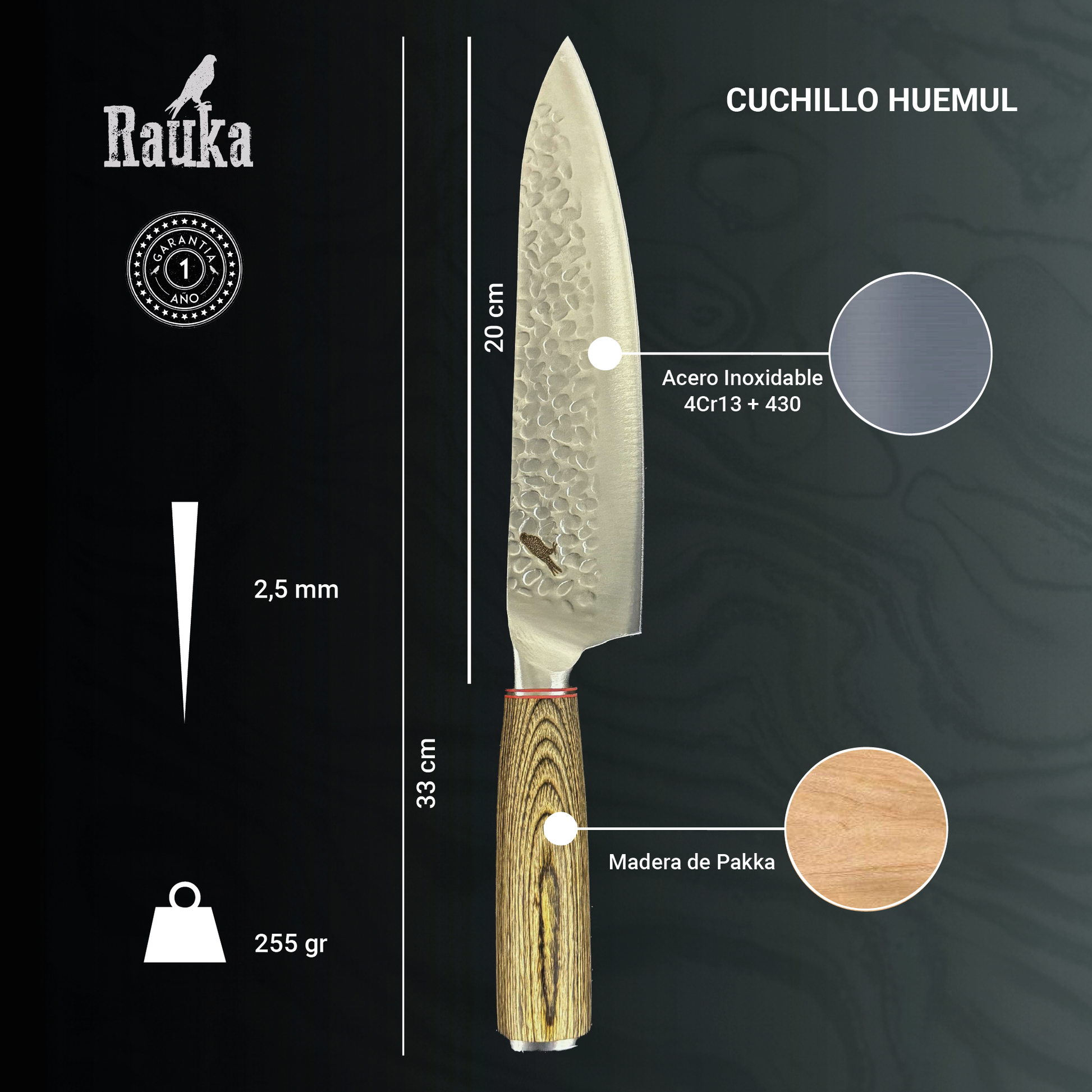 Ficha técnica Cuchillo Parrillero de Acero Inoxidable 33cm "Huemul"