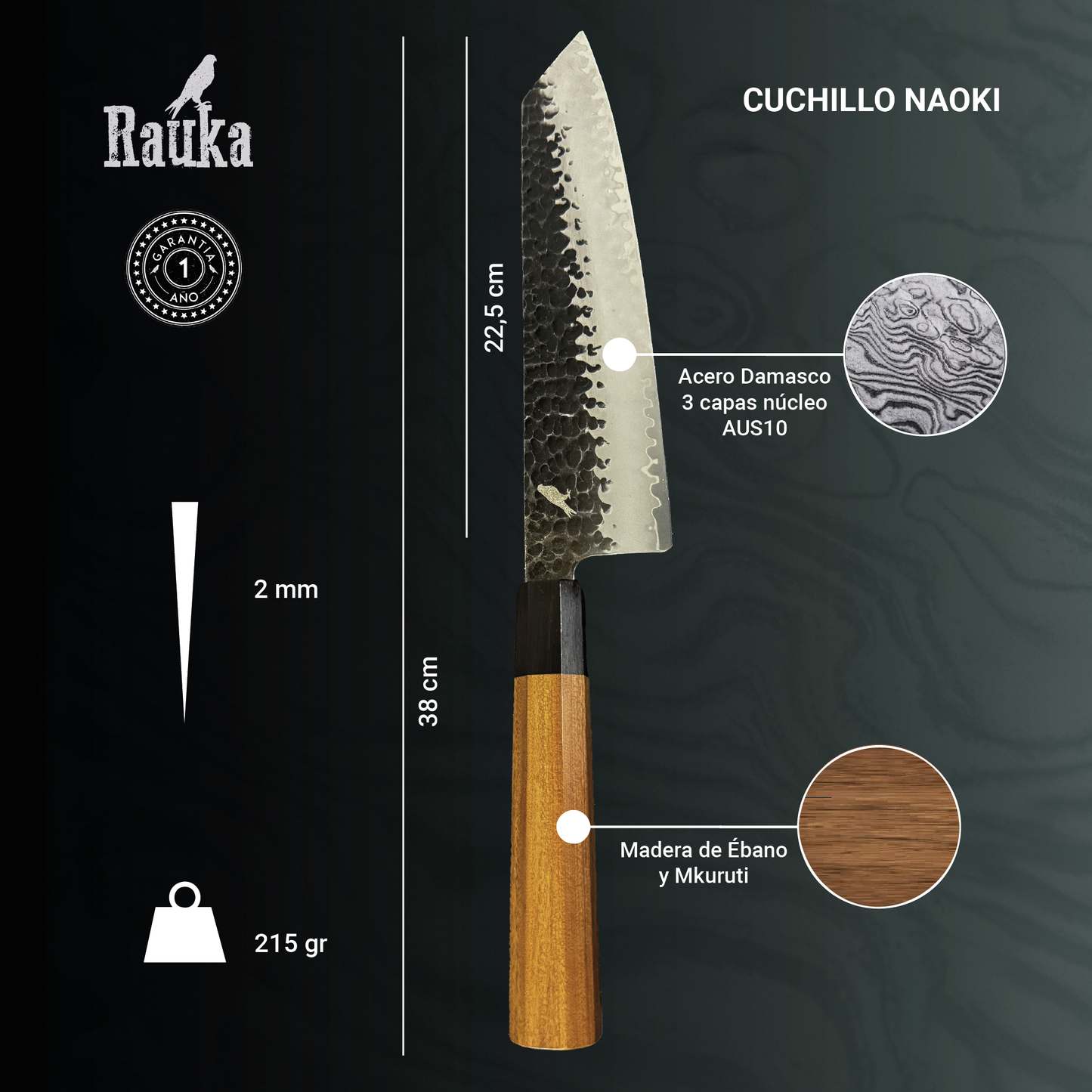 Cuchillo de Cocina Kiritsuke Acero Damasco 3 capas 38cm "Naoki"