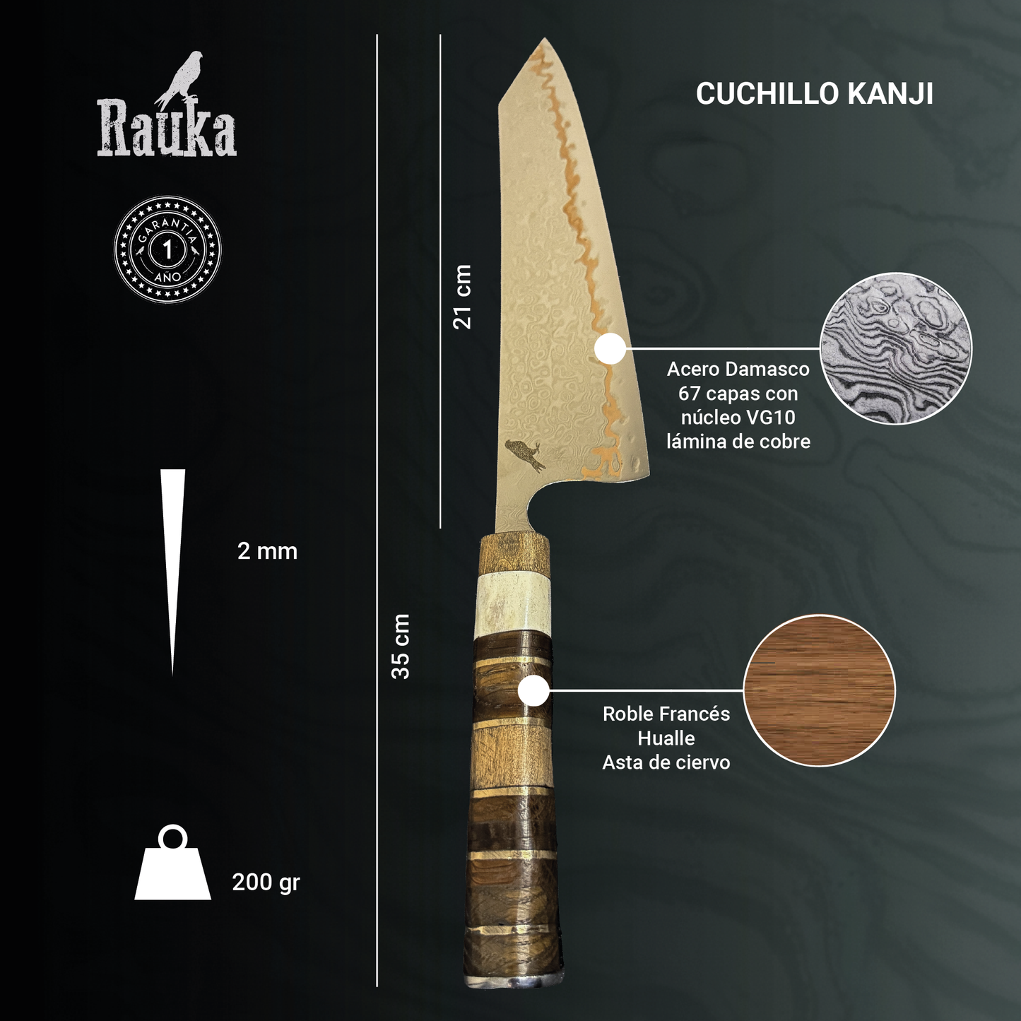 Cuchillo Kiritsuke Damasco Cobre 35cm "Kanji"