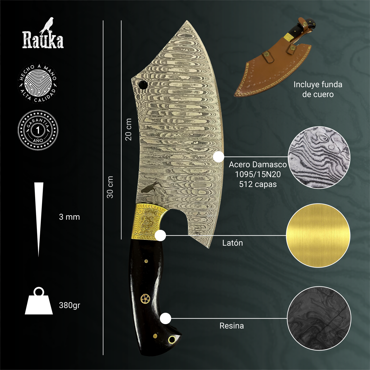 Ficha técnica Hacha de Cocina de Acero Damasco 30cm "Cañi"