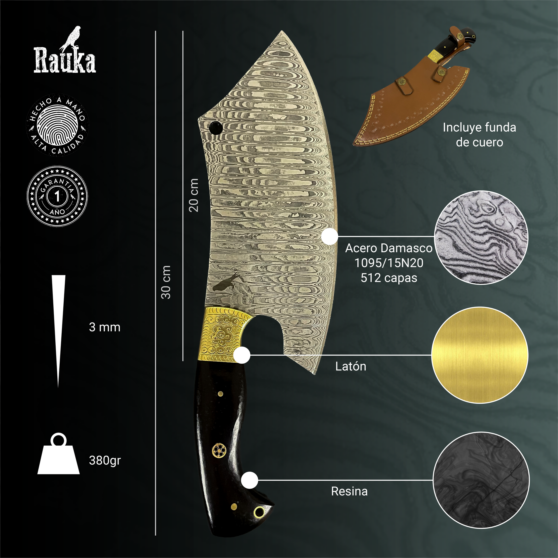 Ficha técnica Hacha de Cocina de Acero Damasco 30cm "Cañi"