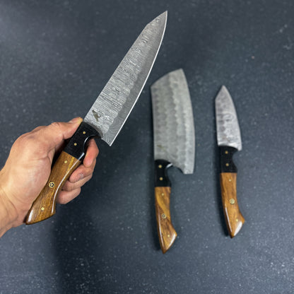 Set de 3 Cuchillos de Cocina de Acero Damasco "Huerquehuito"