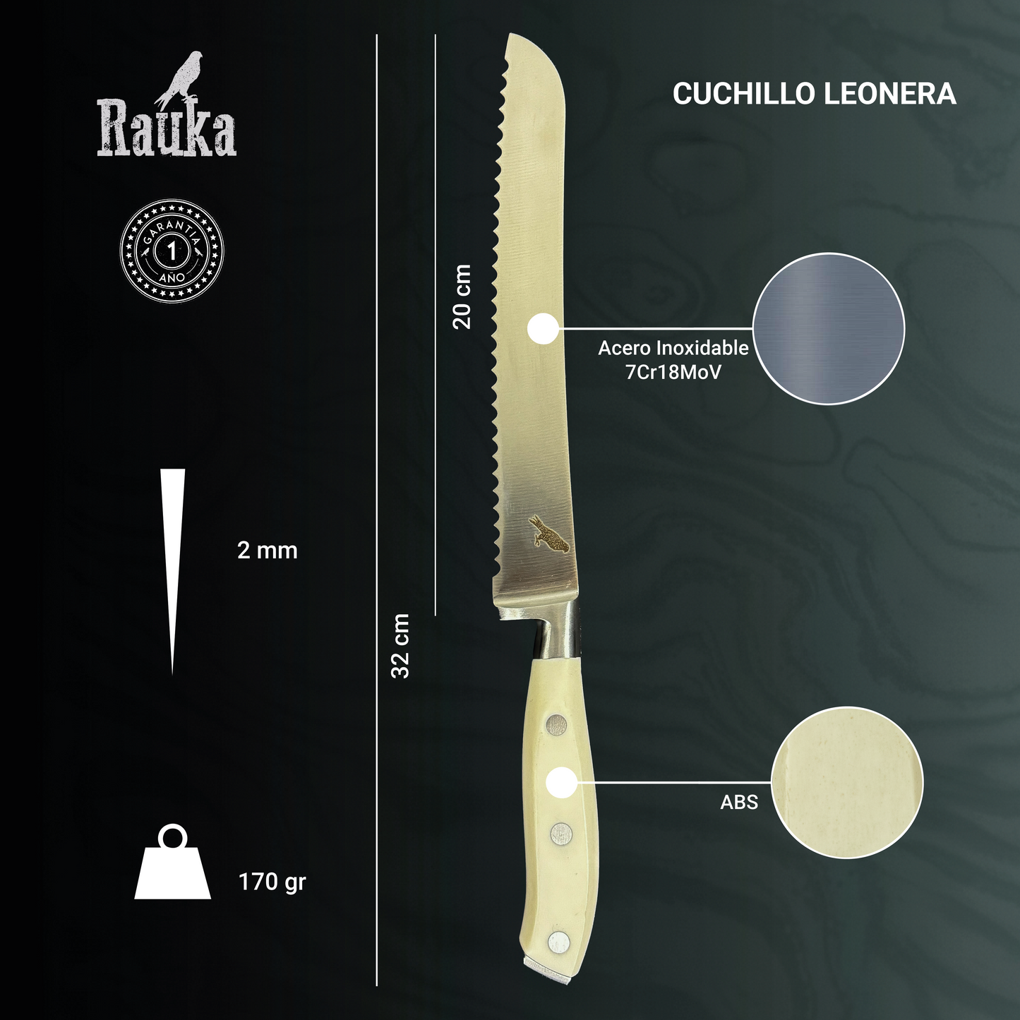 Vista superior del Cuchillo Panero de Acero Inoxidable 32cm "Leonera"