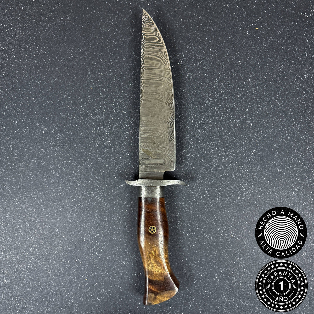 Cuchillo Bowie Cazador Jeinimeni 37cm en acero Damasco 512 capas con empuñadura de palo de rosa - Rauka