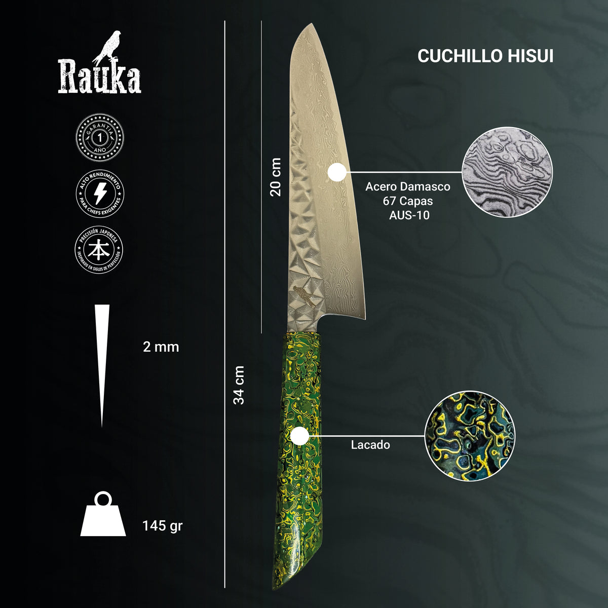 Ficha técnica de cuchillo de chef de cocina de acero damasco 34 cm Hisui Rauka