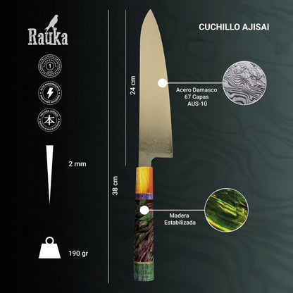 Ficha técnica de cuchillo de chef de cocina de acero damasco 38 cm Ajisai Rauka