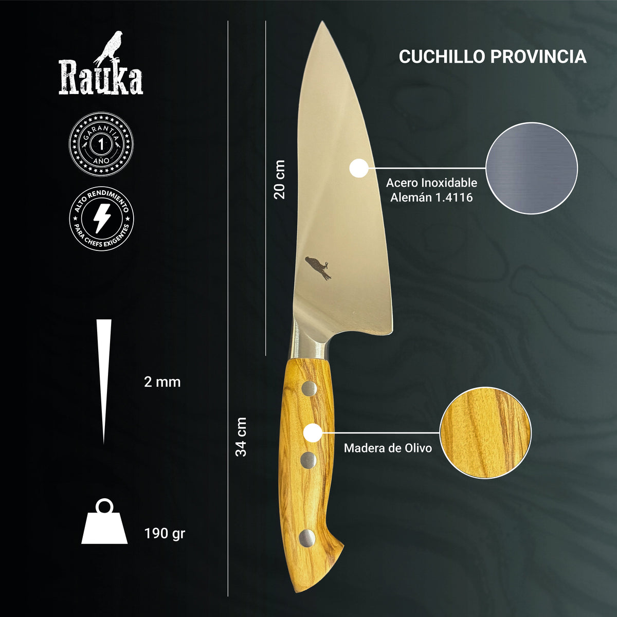 Ficha técnica de cuchillo de chef de cocina de acero inoxidable 34 cm Rauka