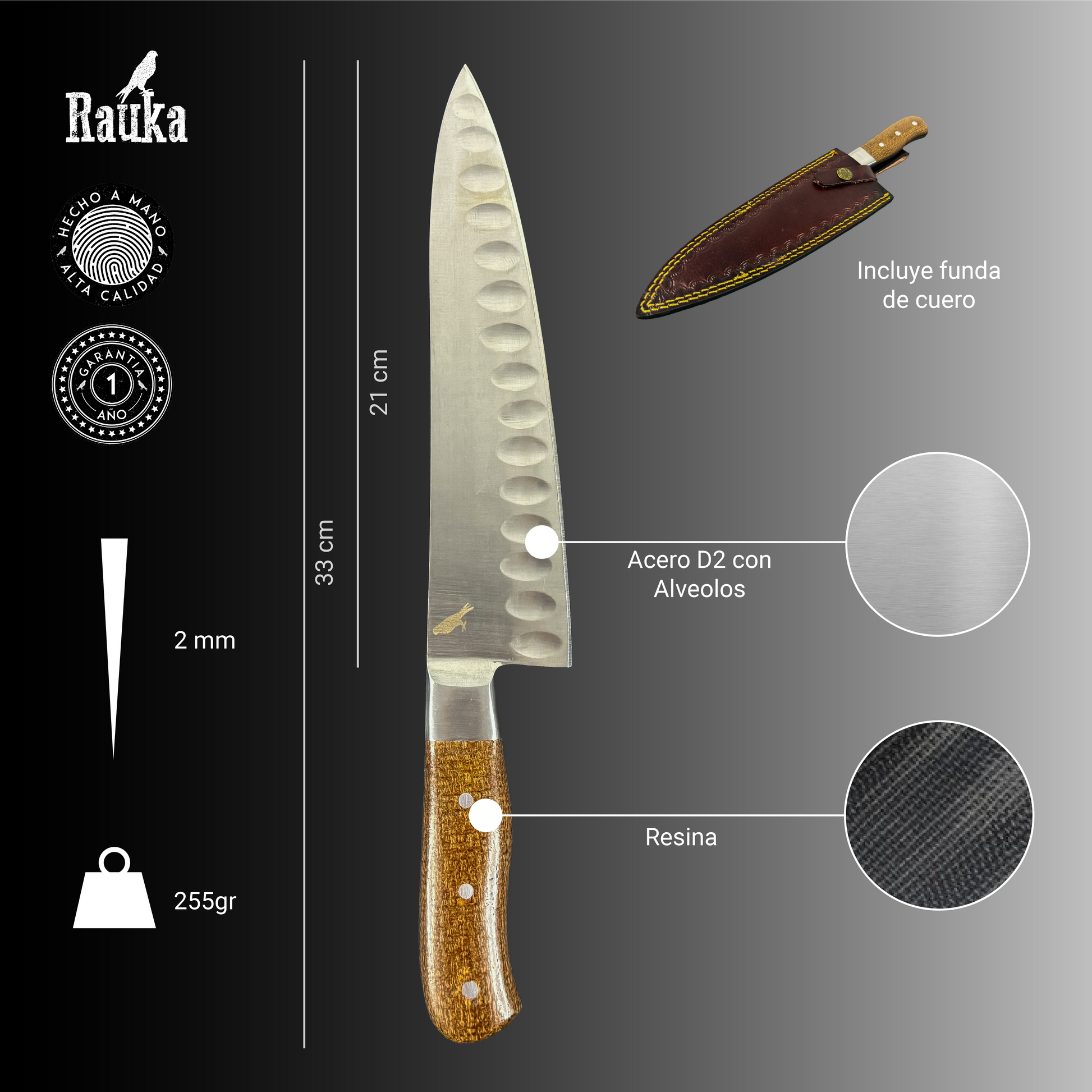 Detalle hoja alveolada cuchillo Corralco Rauka con filo profesional