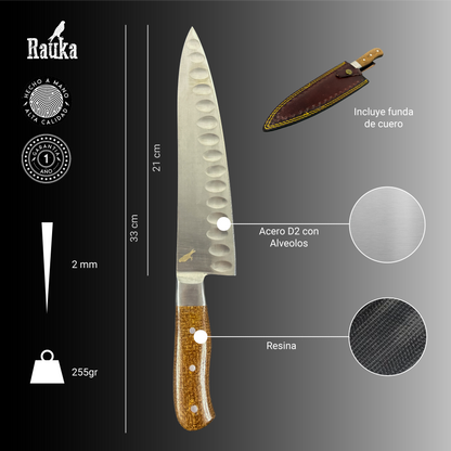 Detalle hoja alveolada cuchillo Corralco Rauka con filo profesional