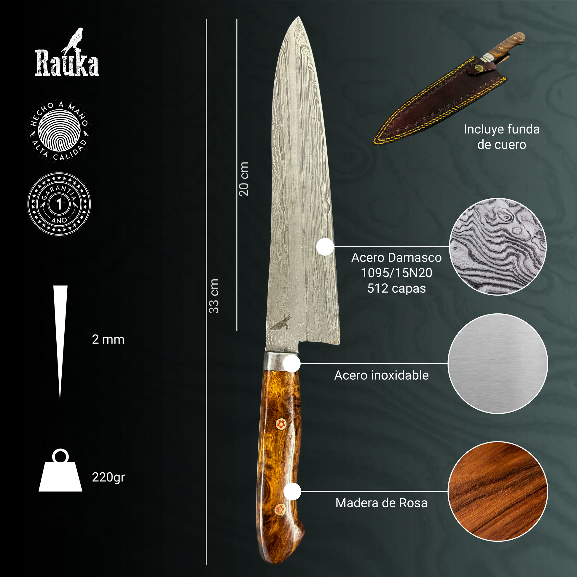 Cuchillo Rauka Tantauco sobre tabla de madera, estilo premium