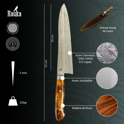Cuchillo Rauka Tantauco sobre tabla de madera, estilo premium
