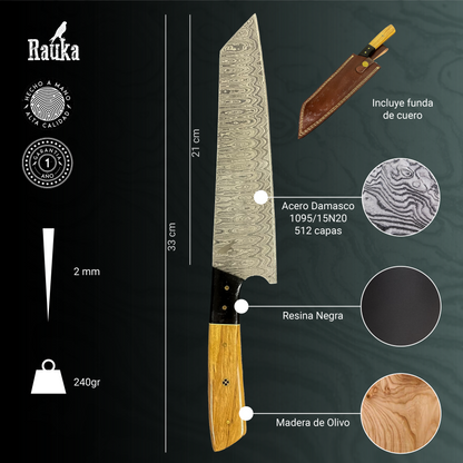 Cuchillo de alta gama Rauka Maihue con patrón Damasco y mango ergonómico