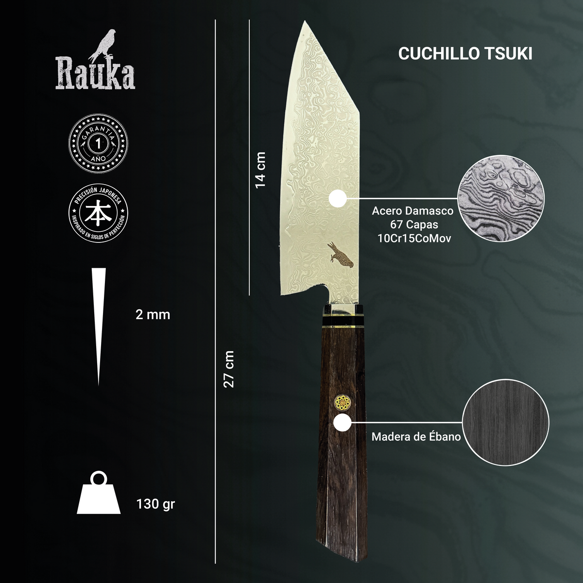Ficha técnica de cuchillo japonés bunka damasco 27 cm Tsuki Rauka