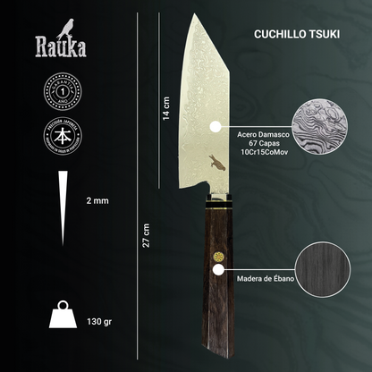 Ficha técnica de cuchillo japonés bunka damasco 27 cm Tsuki Rauka