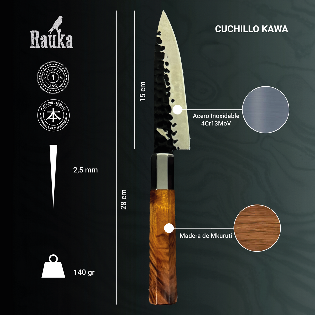 Ficha técnica de cuchillo japonés de cocina de acero inoxidable 28 cm Kawa Rauka