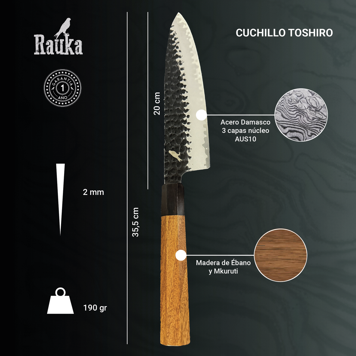 Ficha técnica de cuchillo japonés de cocina chef de acero damasco 3 capas 35,5 cm Toshiro Rauka