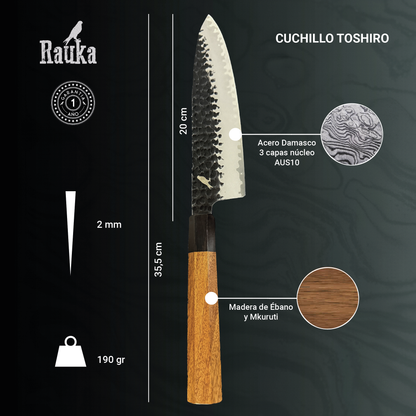 Ficha técnica de cuchillo japonés de cocina chef de acero damasco 3 capas 35,5 cm Toshiro Rauka