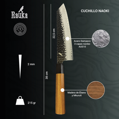 Ficha técnica de cuchillo japonés de cocina kiritsuke acero damasco 3 capas 38 cm Naoki Rauka