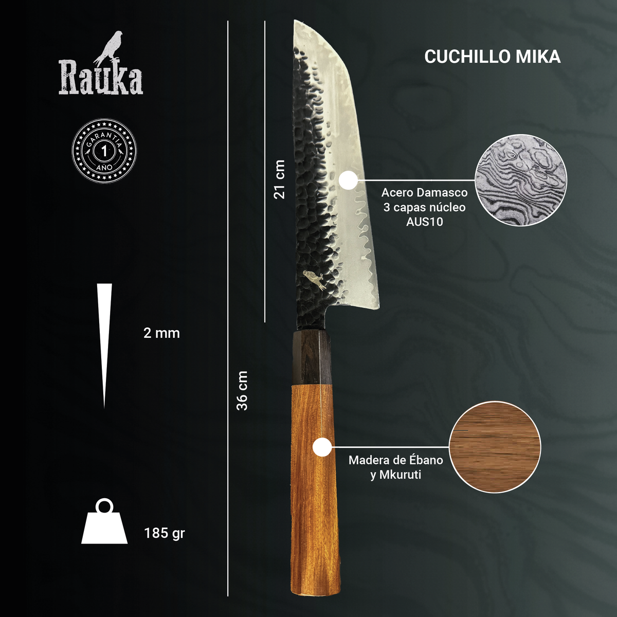 Ficha técnica de cuchillo japonés de cocina sakimaru de acero damasco 3 capas 36 cm Mika Rauka