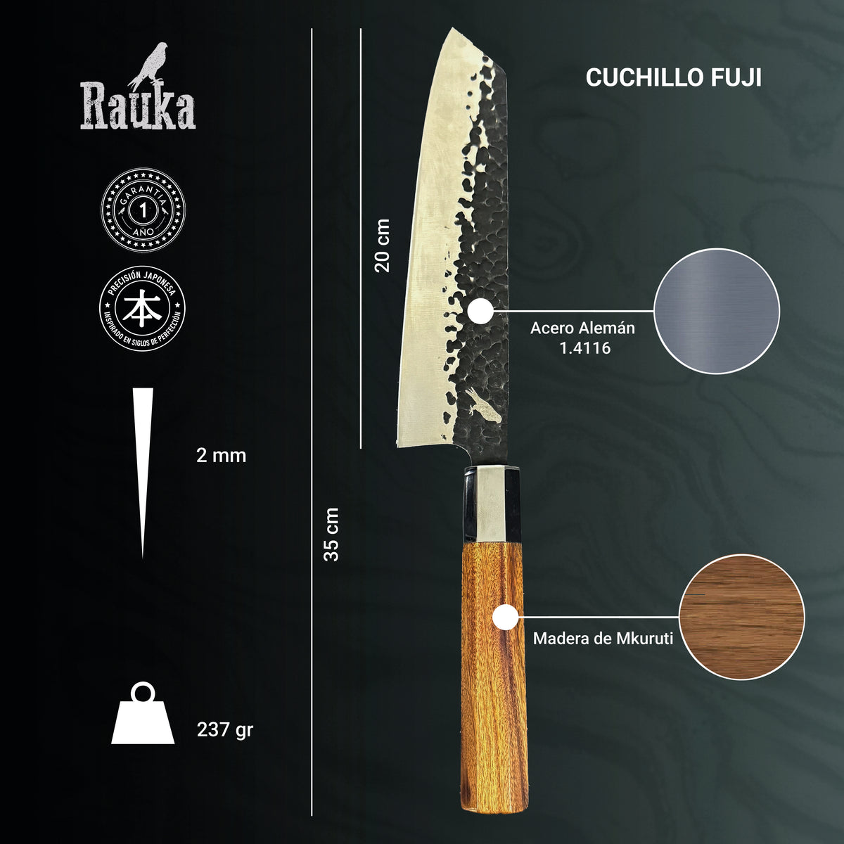 Cuchillo Japonés Kiritsuke de Cocina de Acero Inoxidable 35 cm Fuji Rauka, vista adicional 1