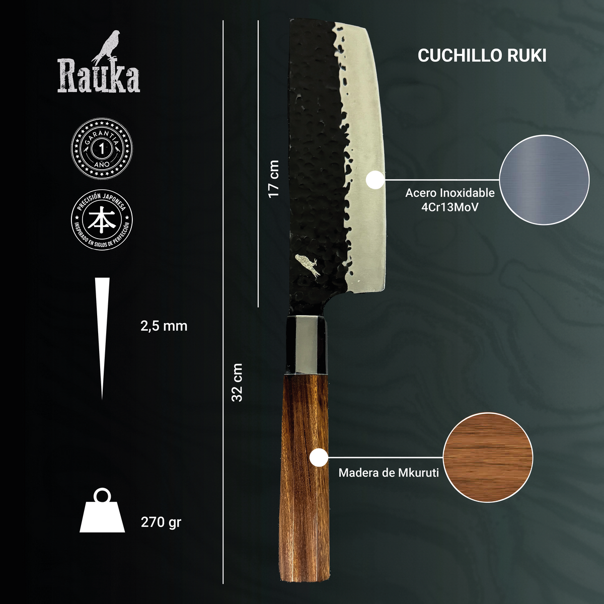 Ficha técnica de cuchillo japonés nakiri de cocina de acero inoxidable 32 cm Ruki Rauka
