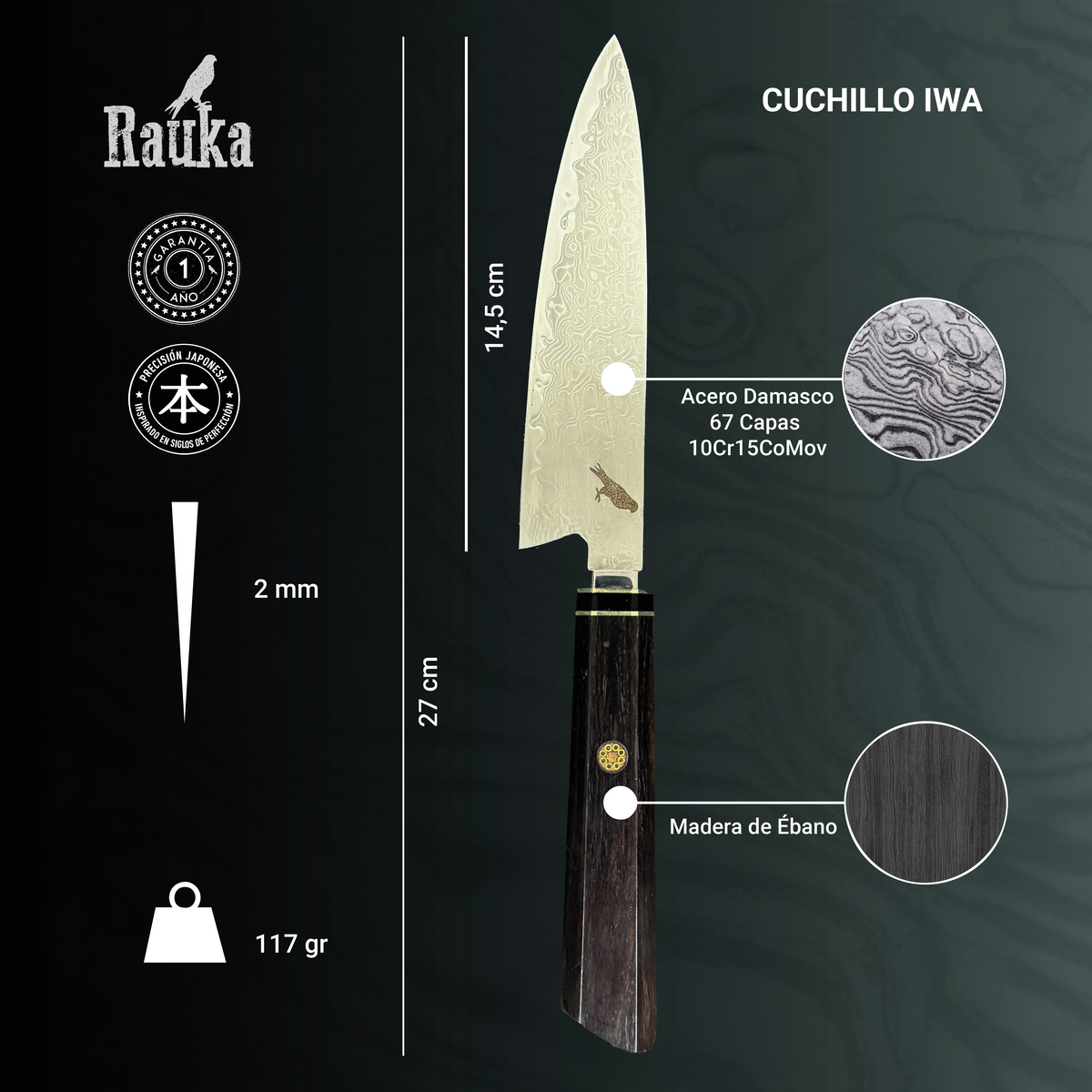 Ficha técnica de cuchillo japonés puntilla damasco 27 cm Iwa Rauka