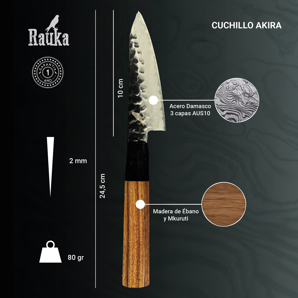 Ficha técnica de cuchillo japonés puntilla damasco 3 capas 24,5 cm Akira Rauka