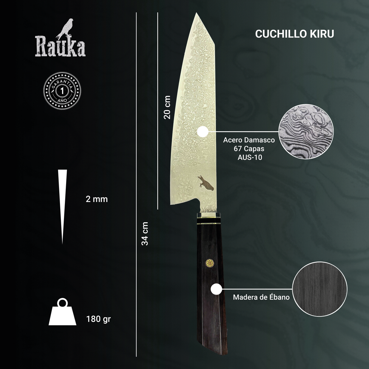 Ficha técnica de cuchillo kiritsuke de cocina de acero damasco 34 cm Kiru Rauka