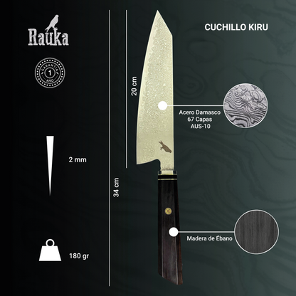 Ficha técnica de cuchillo kiritsuke de cocina de acero damasco 34 cm Kiru Rauka