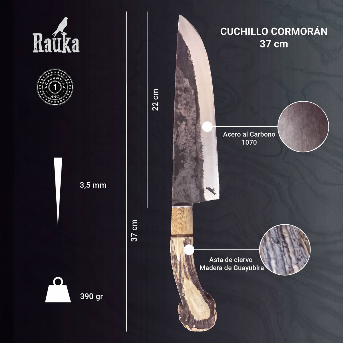 Ficha técnica de cuchillo parrillero 37 cm Cormorán Rauka