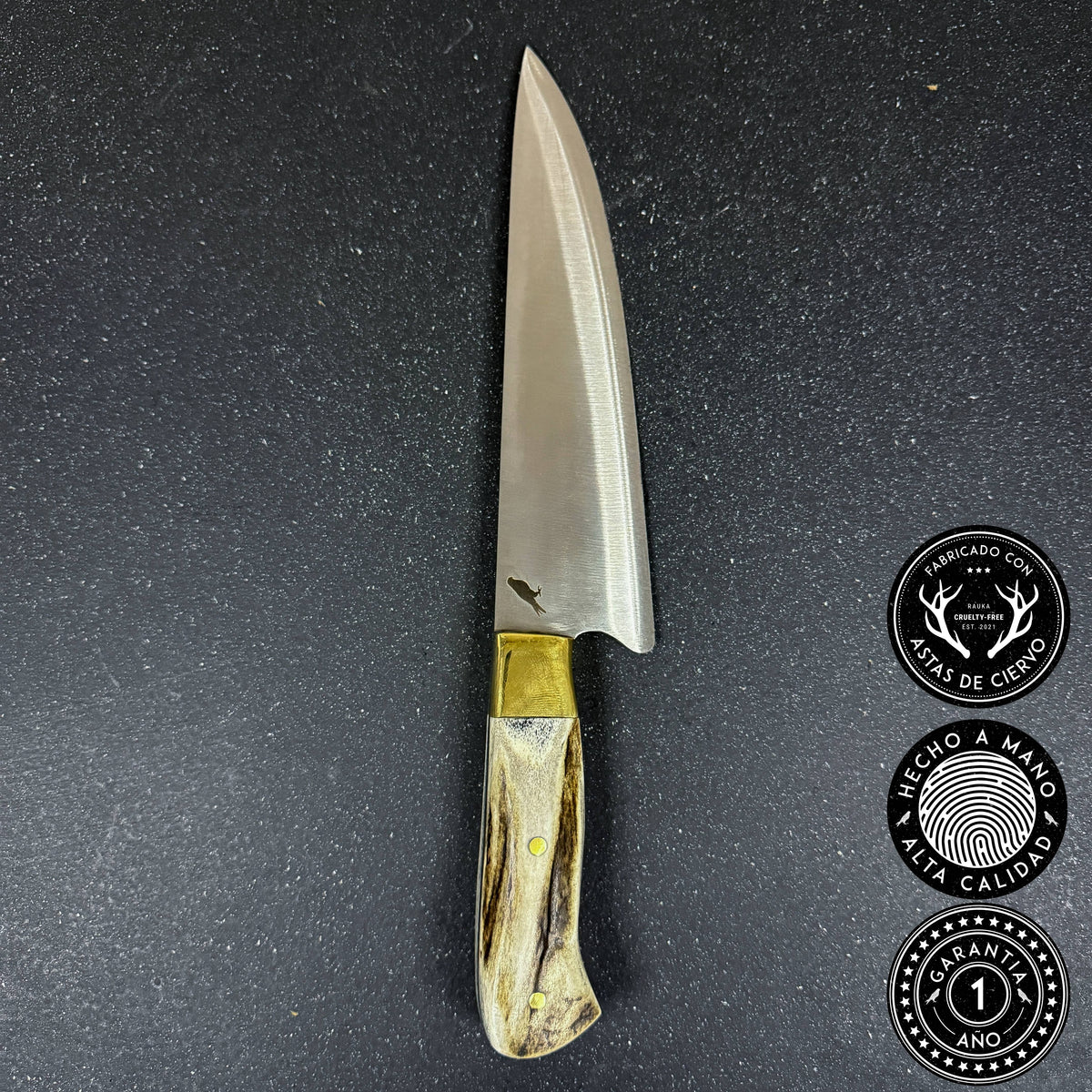 Cuchillo Parrillero Gavilán 31cm en acero inoxidable 440 con empuñadura de asta de ciervo y bronce - Rauka
