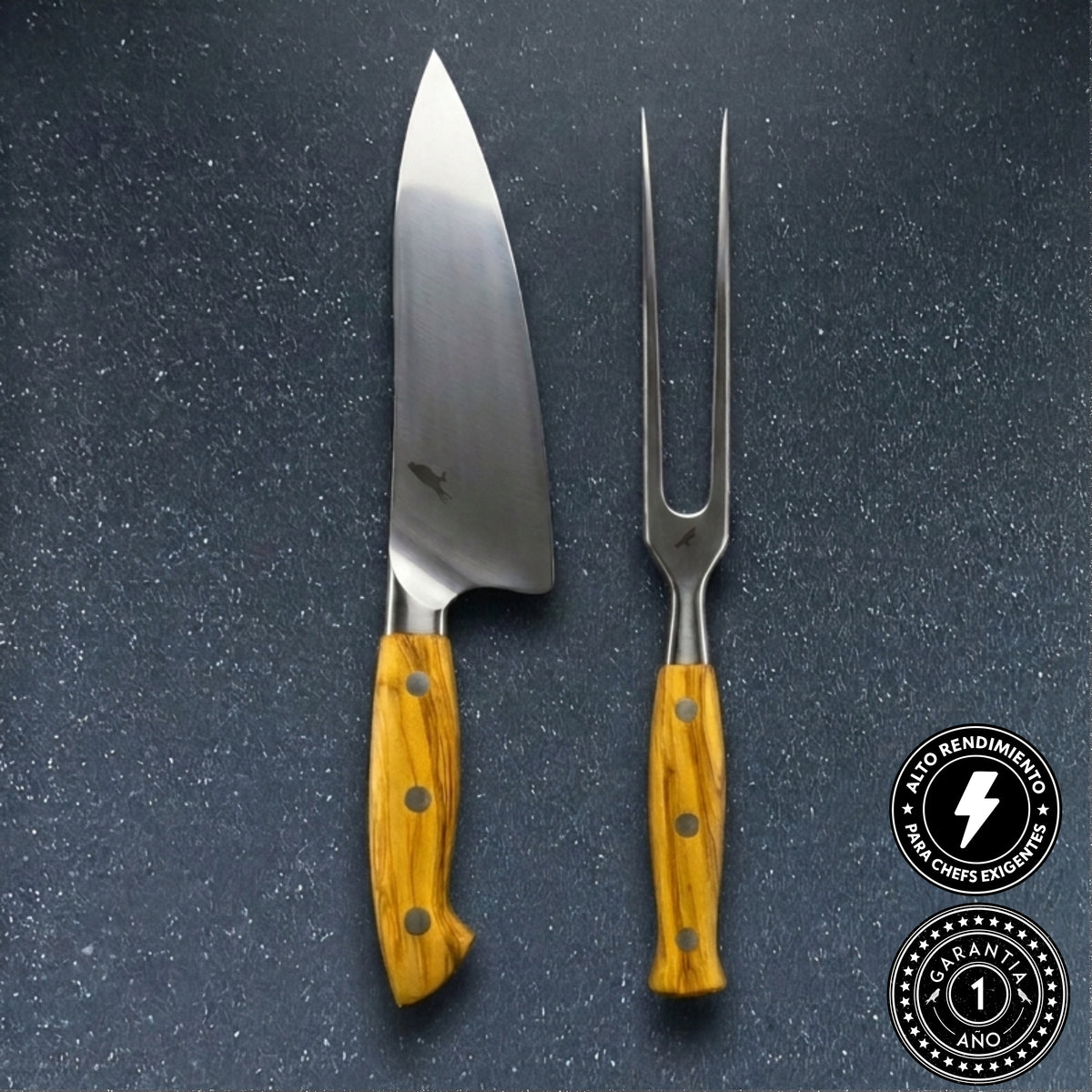 Pack Cuchillo de Chef de Acero Inoxidable 34cm y Pincho Parrillero con Mango de Olivo (GRABADO GRATIS)