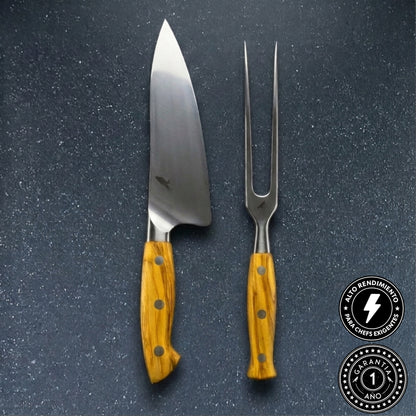 Pack Cuchillo de Chef de Acero Inoxidable 34cm y Pincho Parrillero con Mango de Olivo (GRABADO GRATIS)