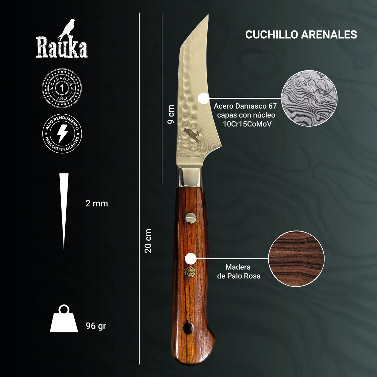 Ficha técnica de cuchillo puntilla de cocina de acero damasco 20 cm Arenales Rauka