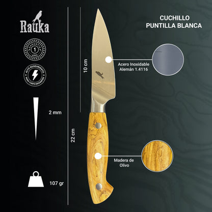 Ficha técnica de cuchillo puntilla de cocina de acero inoxidable 22 cm Puntilla Blanca Rauka