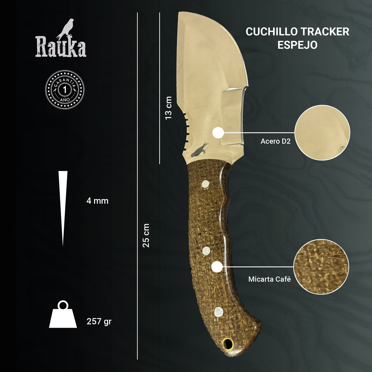 Ficha técnica de cuchillo tracker de supervivencia 25 cm Torres del Paine Espejo Rauka