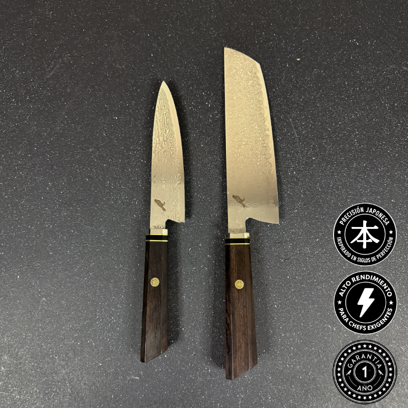 Pack de cuchillos japoneses damasco Rauka Nakiri Tora y cuchillo Iwa para cocina