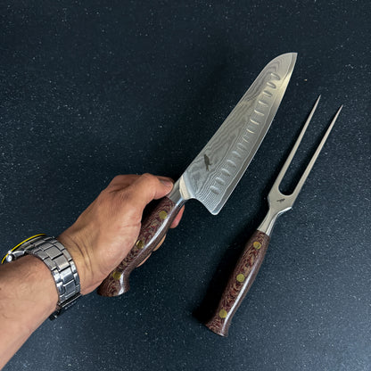 Conjunto Parrillero de Acero Damasco Cuchillo y Pincho "Llaima"