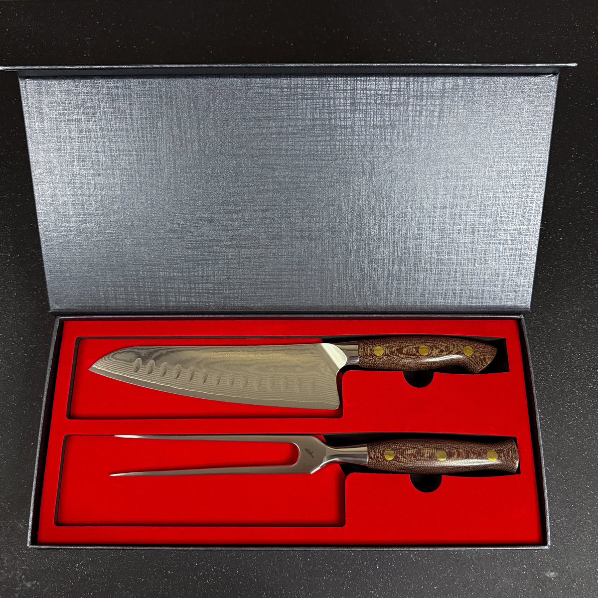 Conjunto Parrillero de Acero Damasco Cuchillo y Pincho "Llaima"