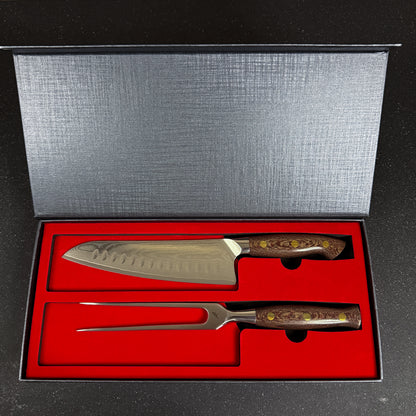 Conjunto Parrillero de Acero Damasco Cuchillo y Pincho "Llaima"
